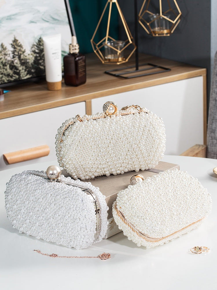 Pearl Dinner Clutch Beige White Chain Convertible Bag