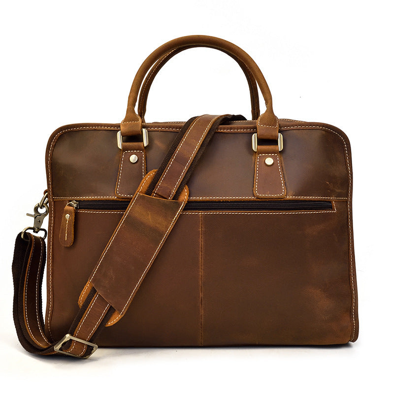 Vintage Leather Business Commuter Handbag with Zipper Pockets