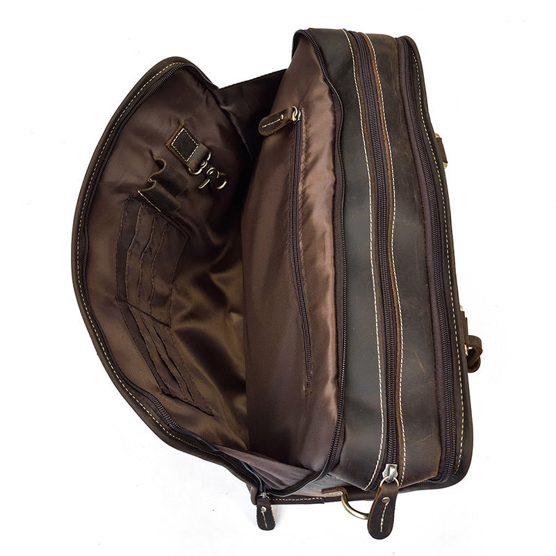 Vintage Leather Business Commuter Handbag with Zipper Pockets