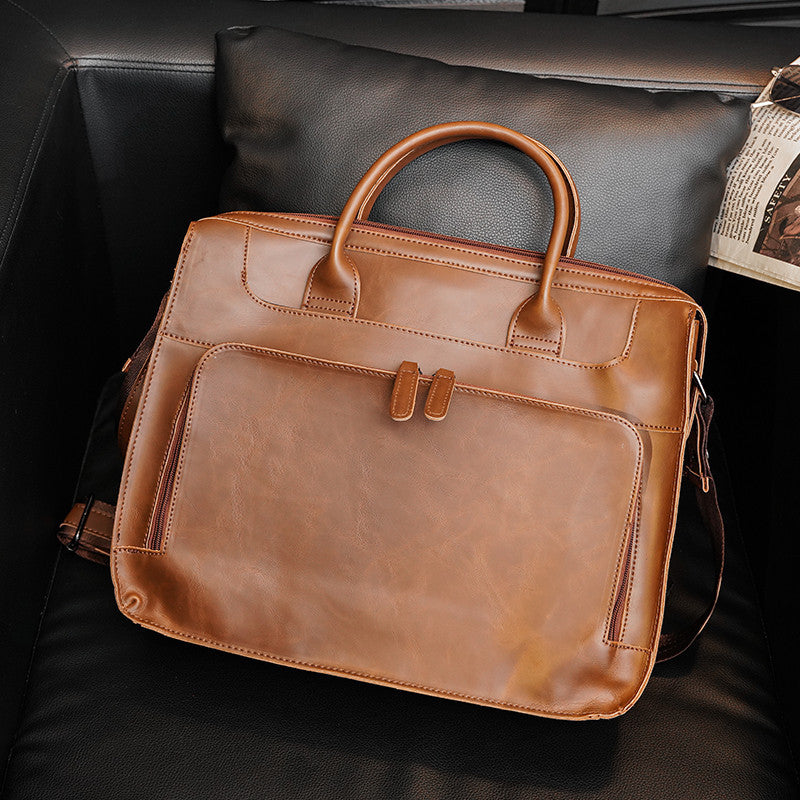 Horizontal Brown Business Trip Shoulder Bag with Zipper Closure
