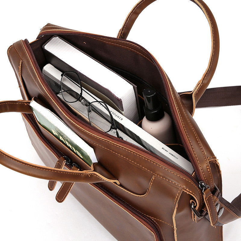 Horizontal Brown Business Trip Shoulder Bag with Zipper Closure
