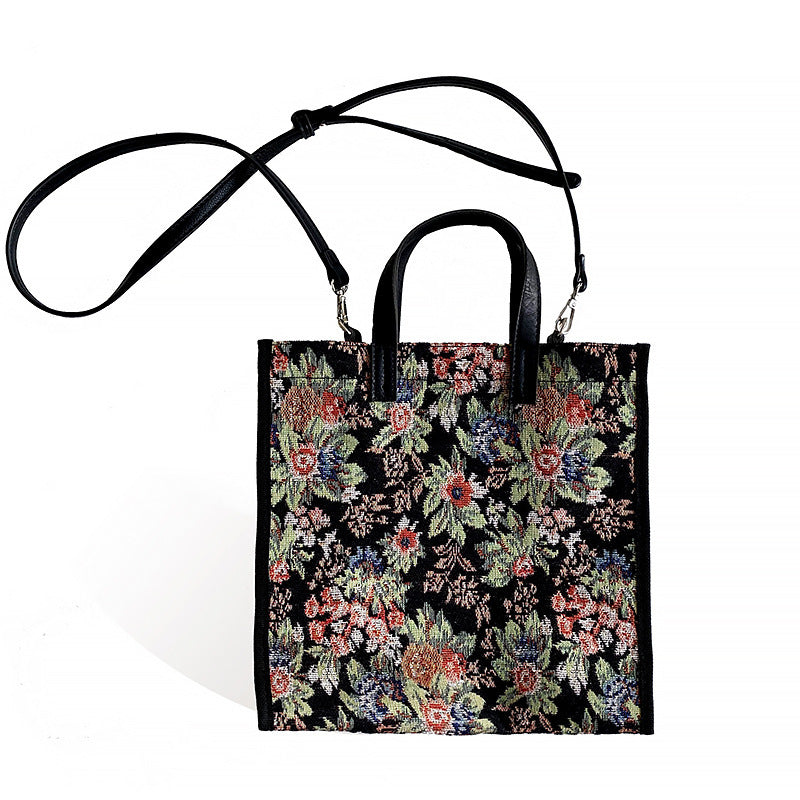 Ladies Canvas Crossbody Shoulder Bags with Floral Embroidery